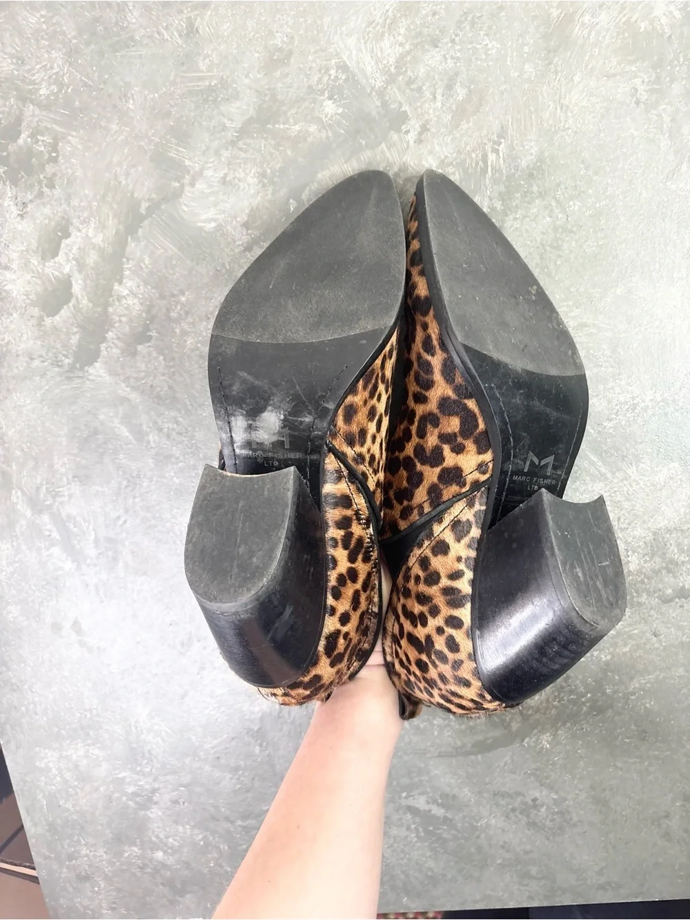 Marc Fisher Alva camel animal print calf hair pointed toe booties size 8.5